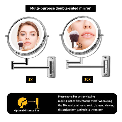 Miroir de maquillage mural rond de 8 pouces pour salle de bain, rechargeable, grossissement 1x/10x, 3 couleurs d'éclairage