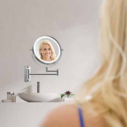 Miroir de maquillage mural rond de 8 pouces pour salle de bain, rechargeable, grossissement 1x/10x, 3 couleurs d'éclairage