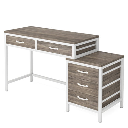 Bureau d'ordinateur réversible avec 5 tiroirs, bureau à domicile avec classeur, tiroir et support d'imprimante