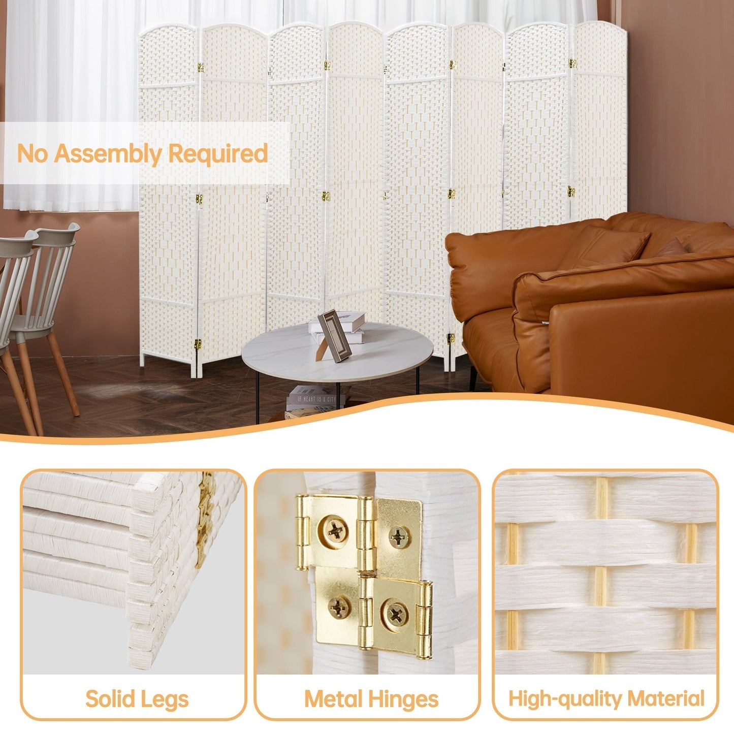 Paravent de séparation de pièce de 6 pieds de haut en fibre tissée, écran de confidentialité autoportant, écran pliant