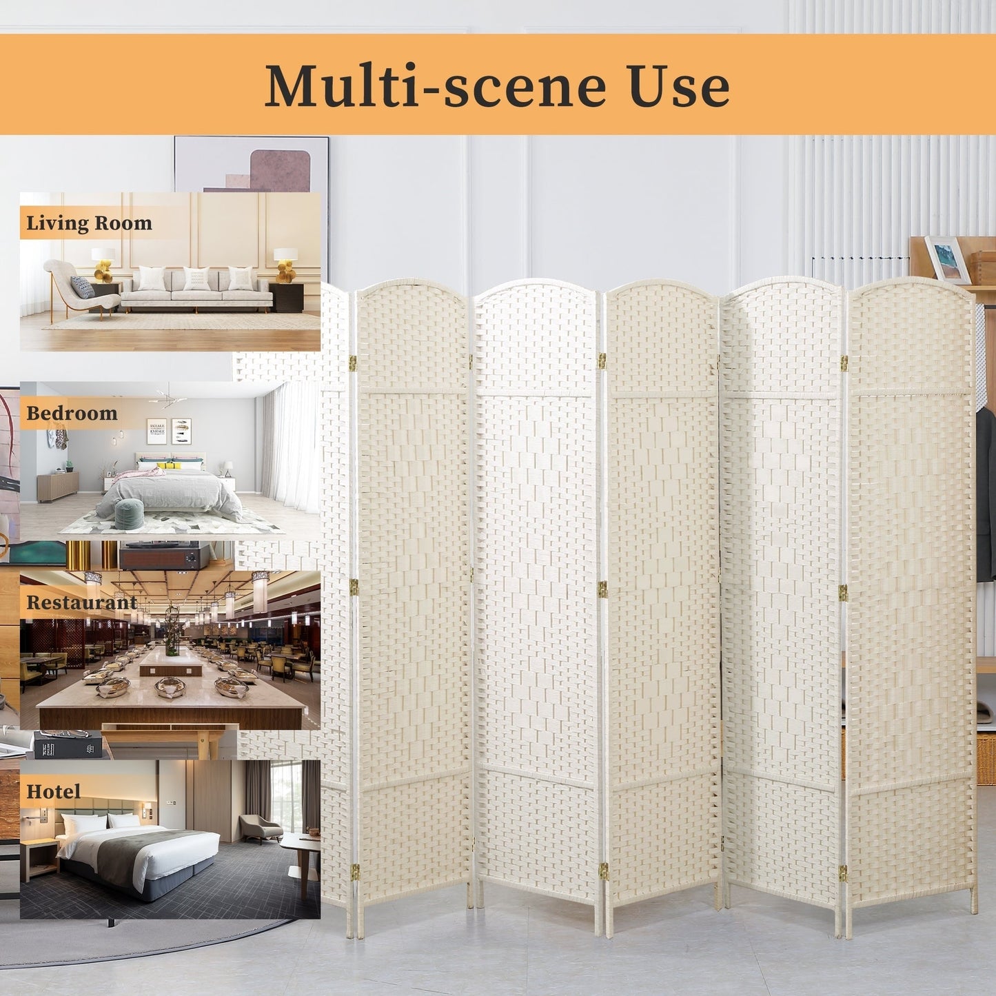 Paravent de séparation de pièce de 6 pieds de haut en fibre tissée, écran de confidentialité autoportant, écran pliant