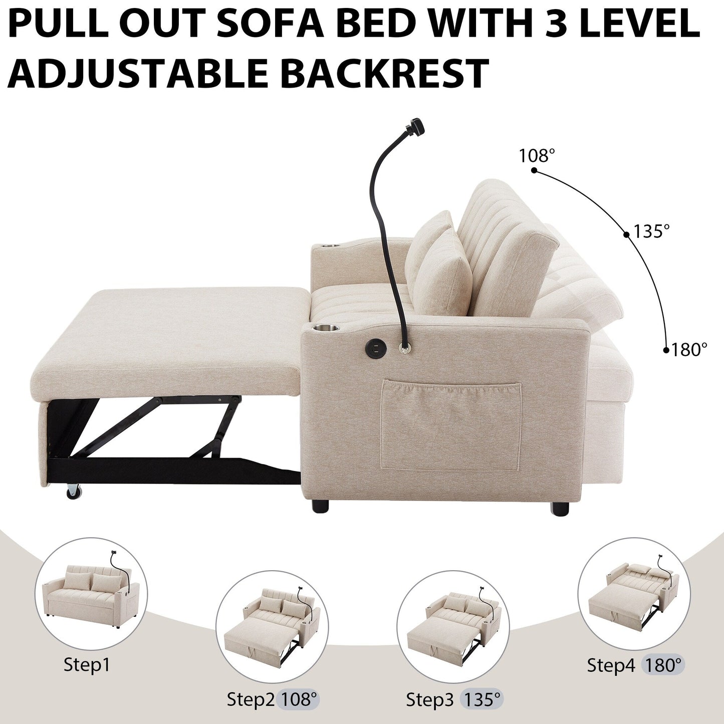 Roomfitters Convertible Loveseat Sofa Bed with USB Ports, Side Pockets, Cup Holders, and Swivel Phone Holder for Living Room
