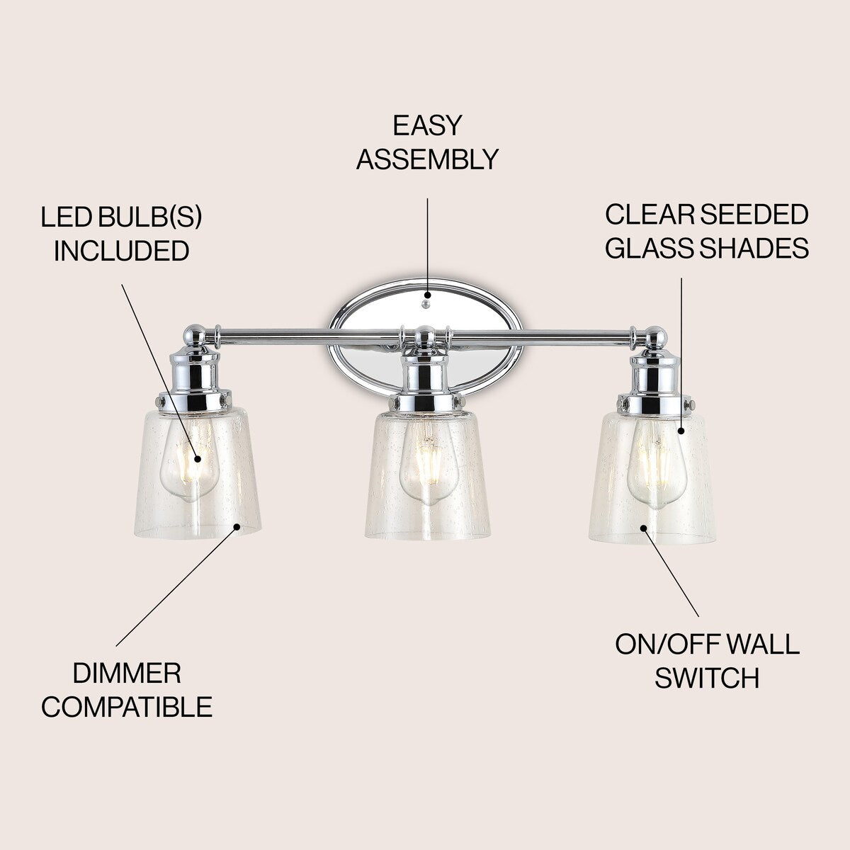 Sandrine 3-Light Iron/Seeded Glass Classic Cottage LED Vanity Light, by JONATHAN Y