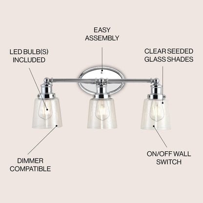 Sandrine 3-Light Iron/Seeded Glass Classic Cottage LED Vanity Light, by JONATHAN Y