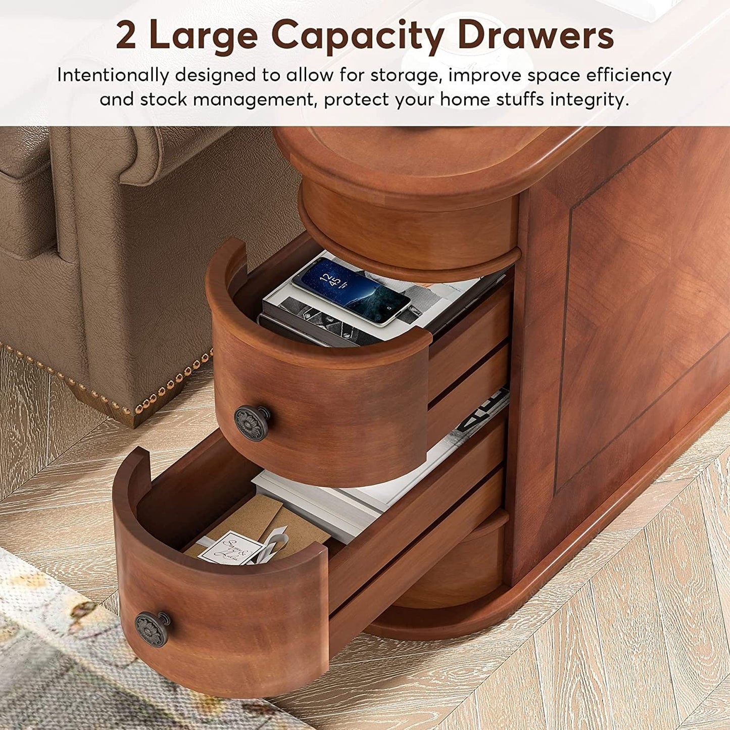 Table d'appoint étroite à deux tiroirs en bois massif