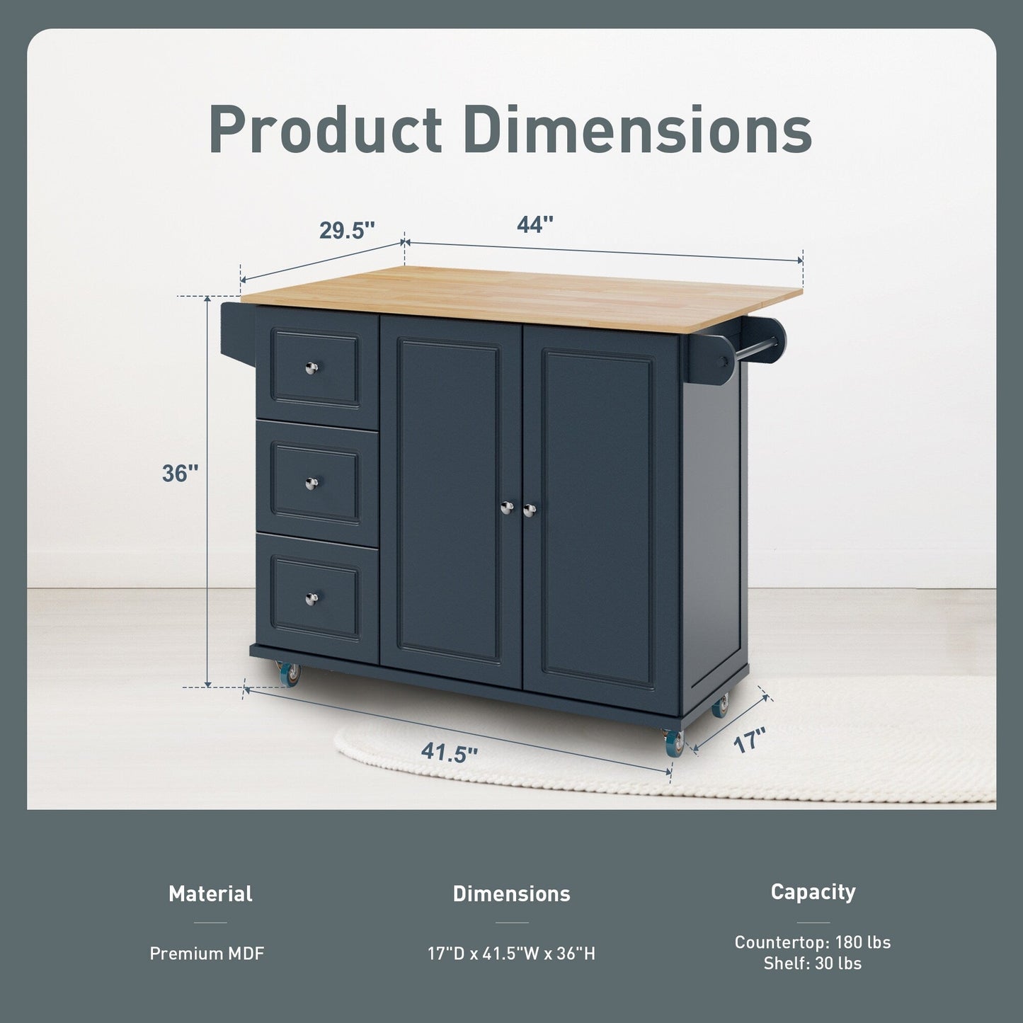 Desserte de cuisine Sophia &amp; William avec abattant et plateau en bois d'hévéa, chariot de cuisine roulant avec grand meuble de rangement