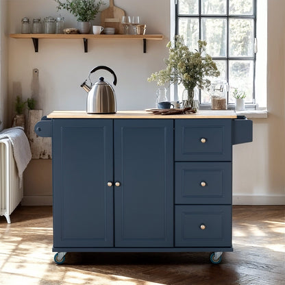 Desserte de cuisine Sophia &amp; William avec abattant et plateau en bois d'hévéa, chariot de cuisine roulant avec grand meuble de rangement