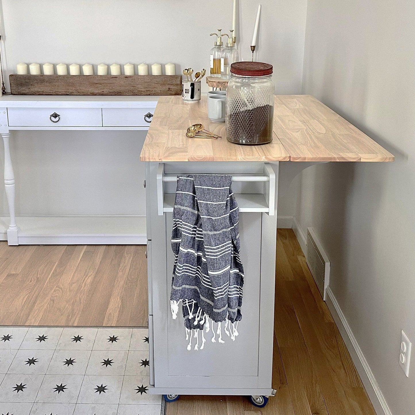 Desserte de cuisine Sophia &amp; William avec abattant et plateau en bois d'hévéa, chariot de cuisine roulant avec grand meuble de rangement