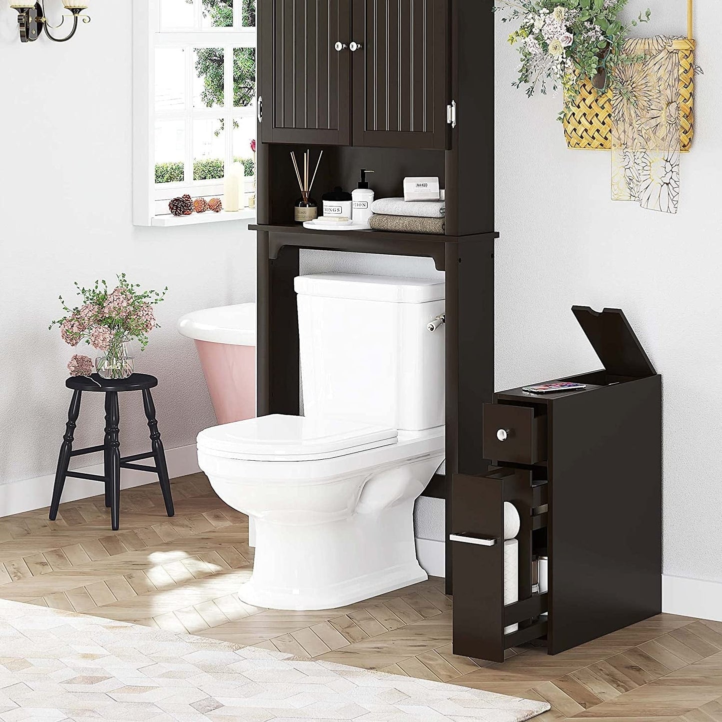 Spirich Home Slim Bathroom Storage Cabinet, Free Standing Toilet Paper Holder, Bathroom Cabinet Slide Out Drawer Storage