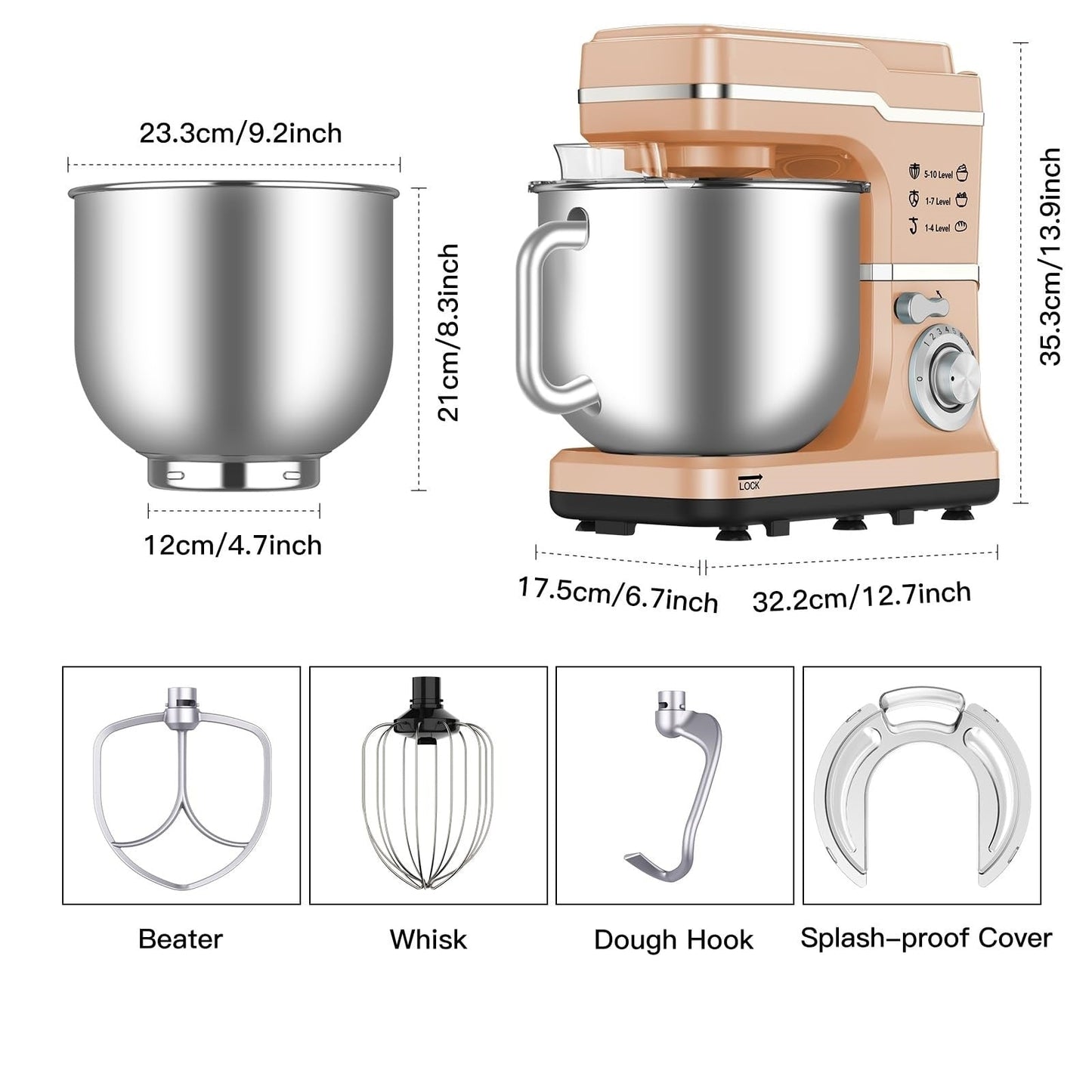 Stand Mixer - 7.5QT Capacity, 10-Speed Settings, 660W Motor