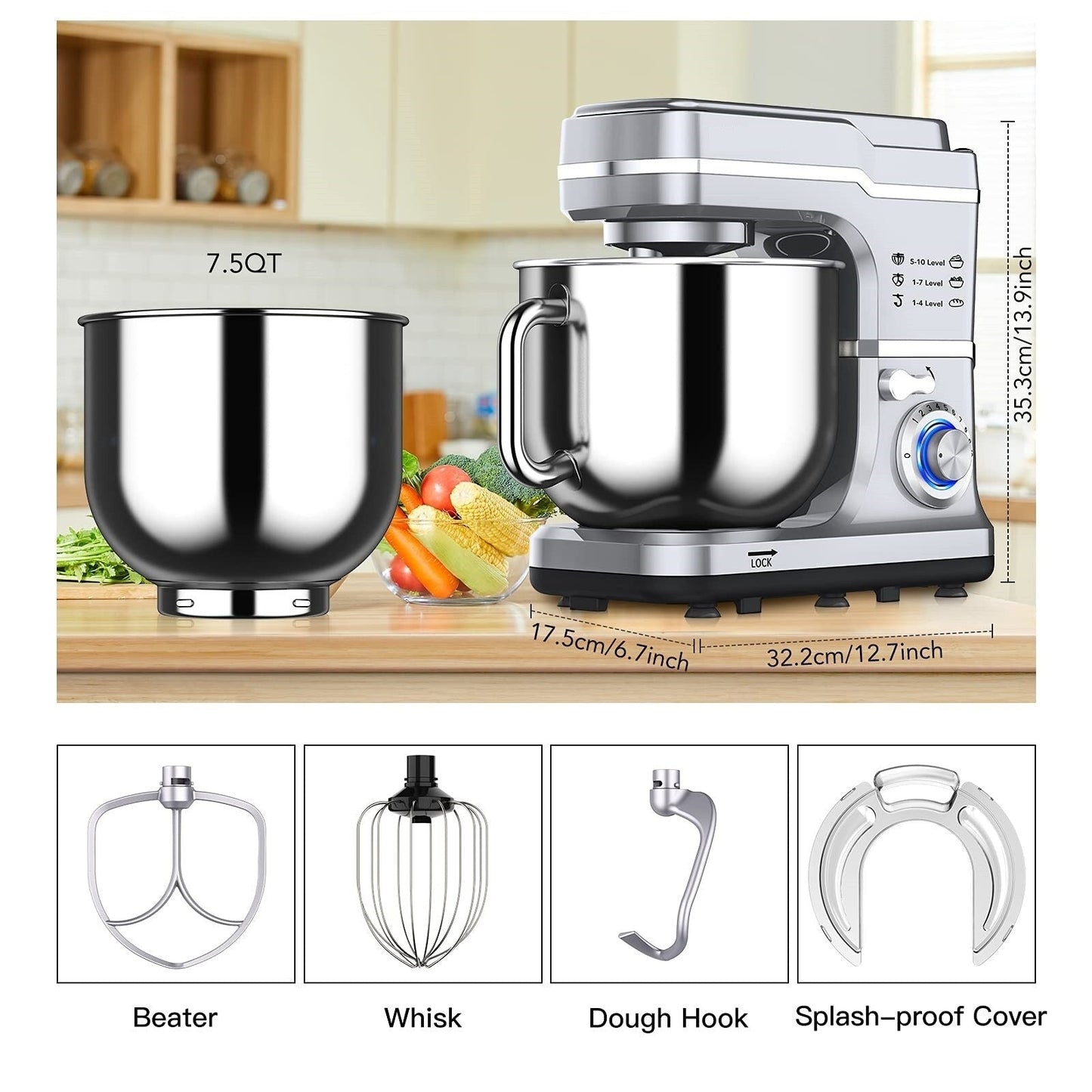 Stand Mixer - 7.5QT Capacity, 10-Speed Settings, 660W Motor