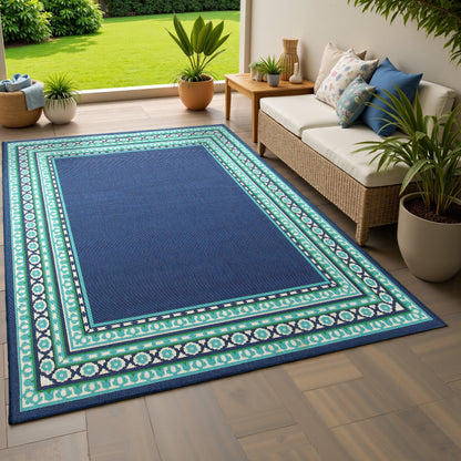 Style Haven Martinque Green Bordered Navy Indoor/ Outdoor Area Rug~