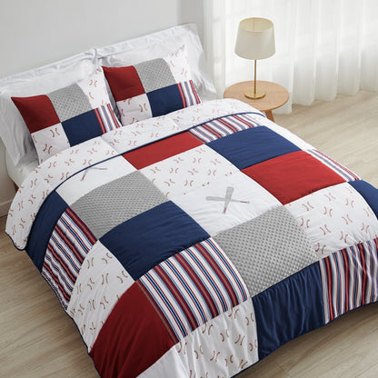 Ensemble de couette 3 pièces pour garçon, collection sport, motif baseball rouge, blanc et bleu, taille double/queen