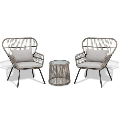 3 Piece Outdoor Wicker Conversation Bistro Set, All-Weather Rattan Furniture Patio Chairs Set with Cushions