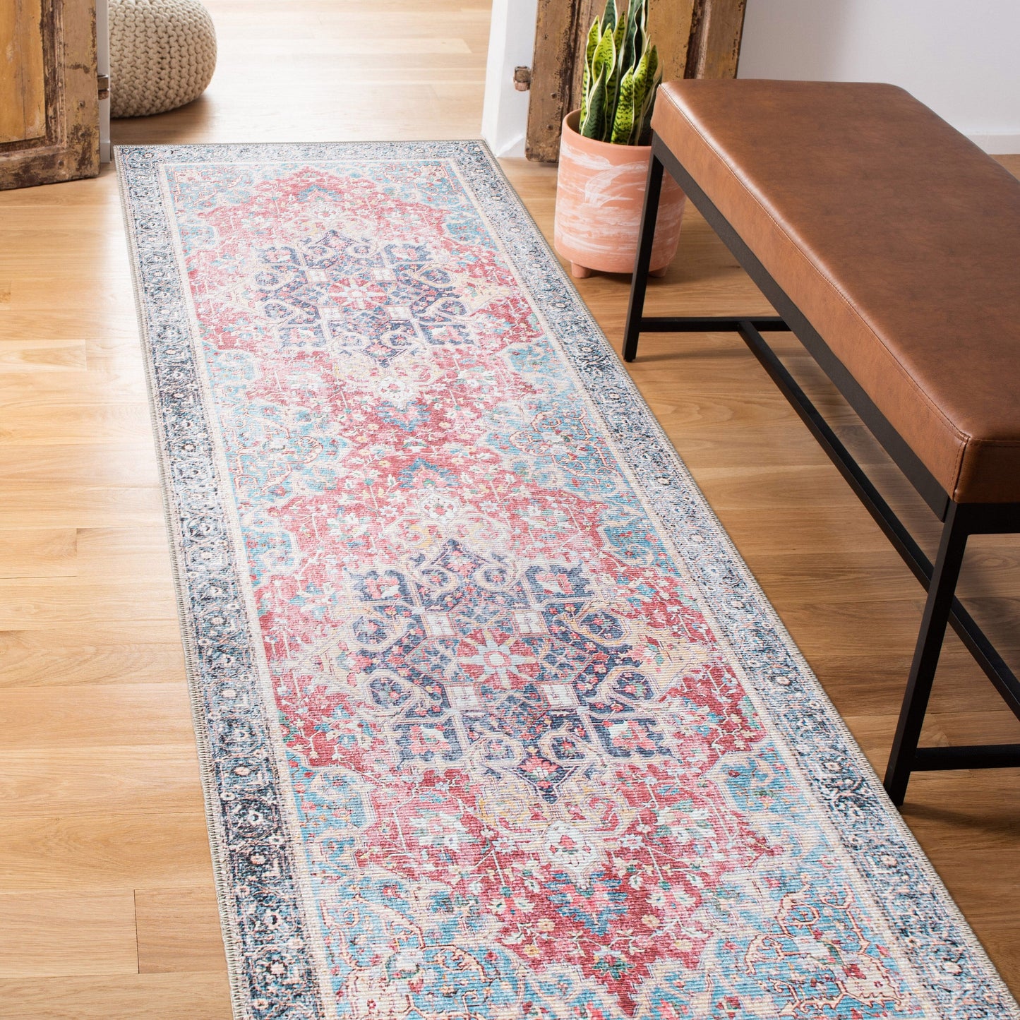 Traditional Distressed Vintage Machine Washbale Multi Area Rug