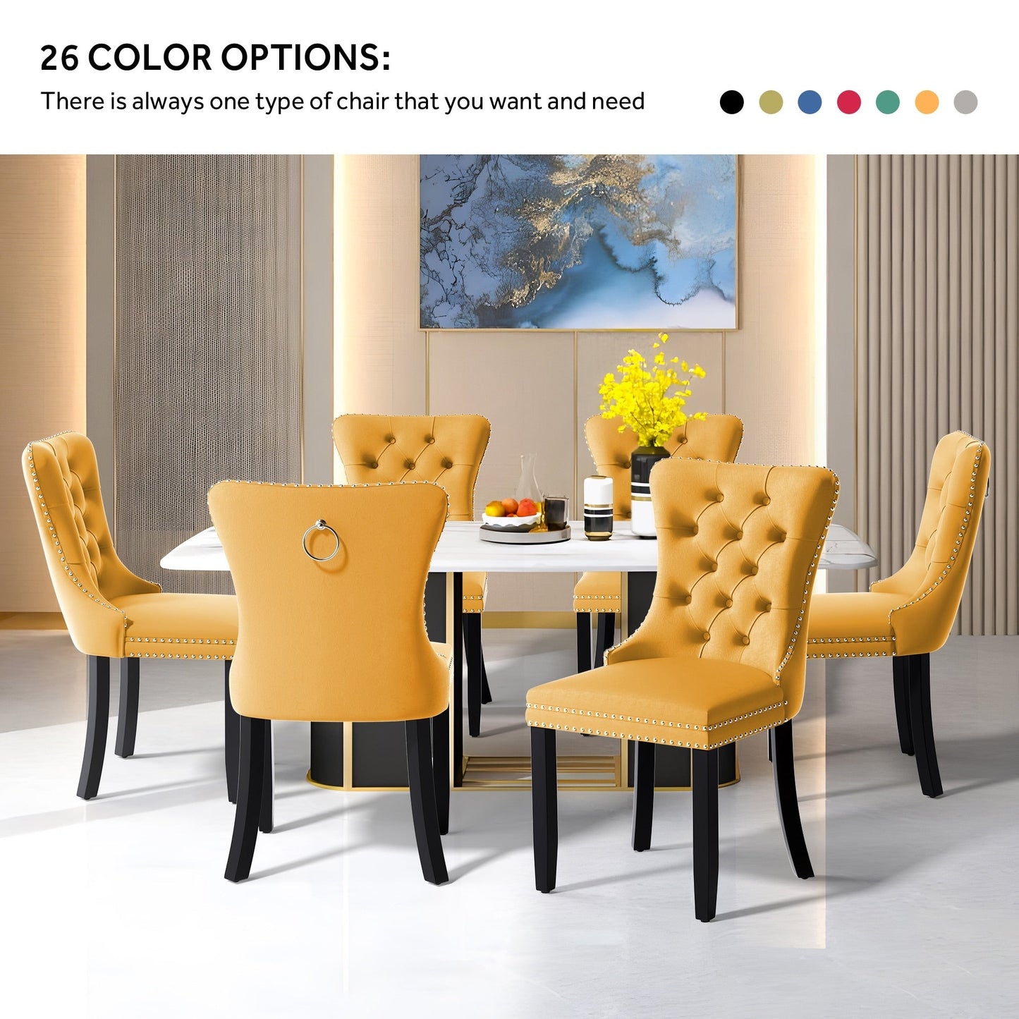 Chaise de salle à manger capitonnée en velours avec pieds en bois massif, lot de 6