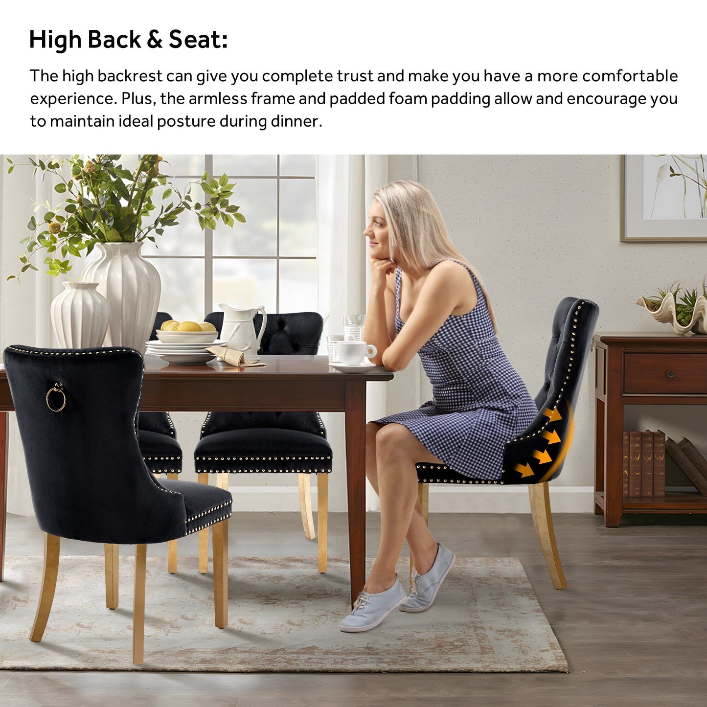 Chaise de salle à manger capitonnée en velours avec pieds en bois massif, lot de 6