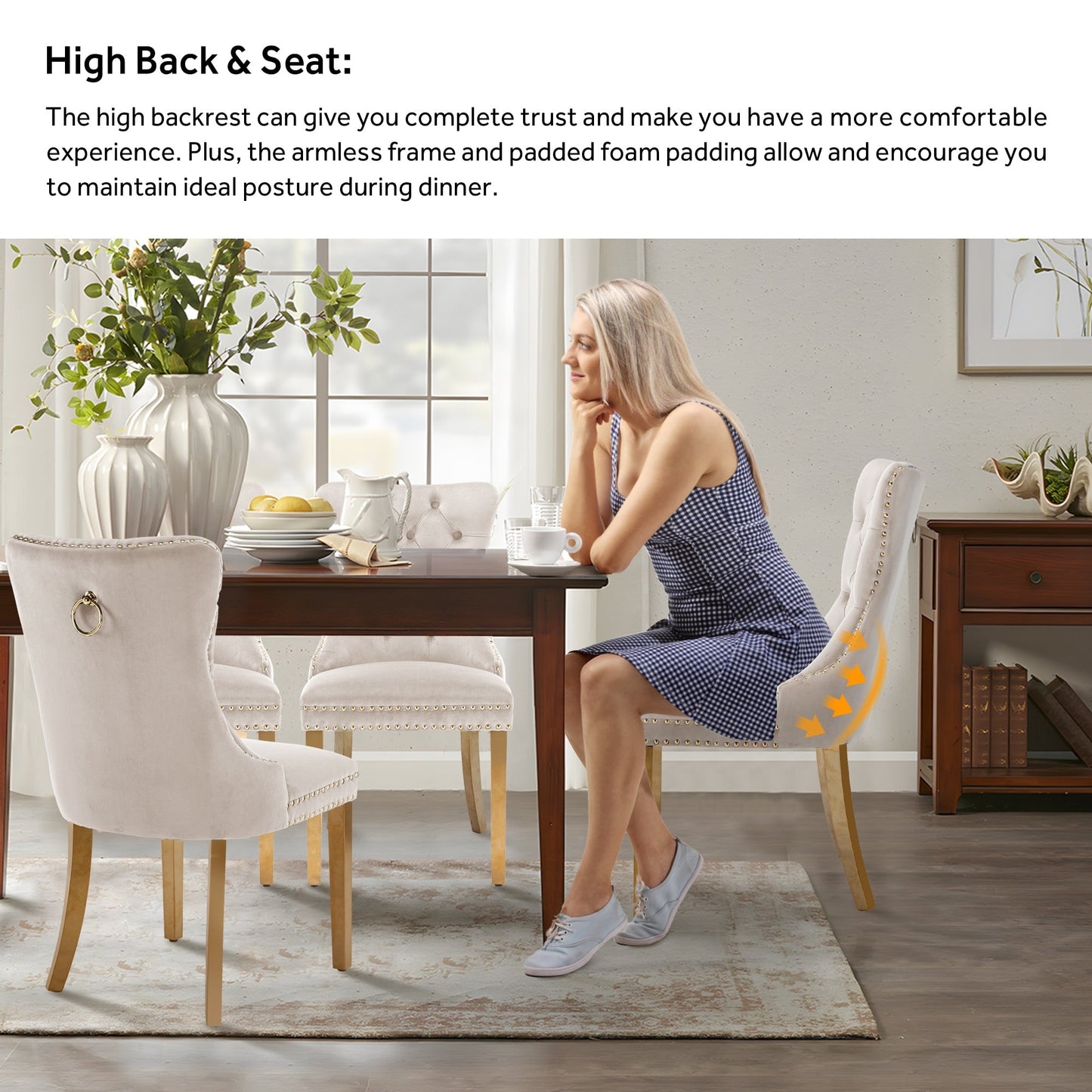 Chaise de salle à manger capitonnée en velours avec pieds en bois massif, lot de 6