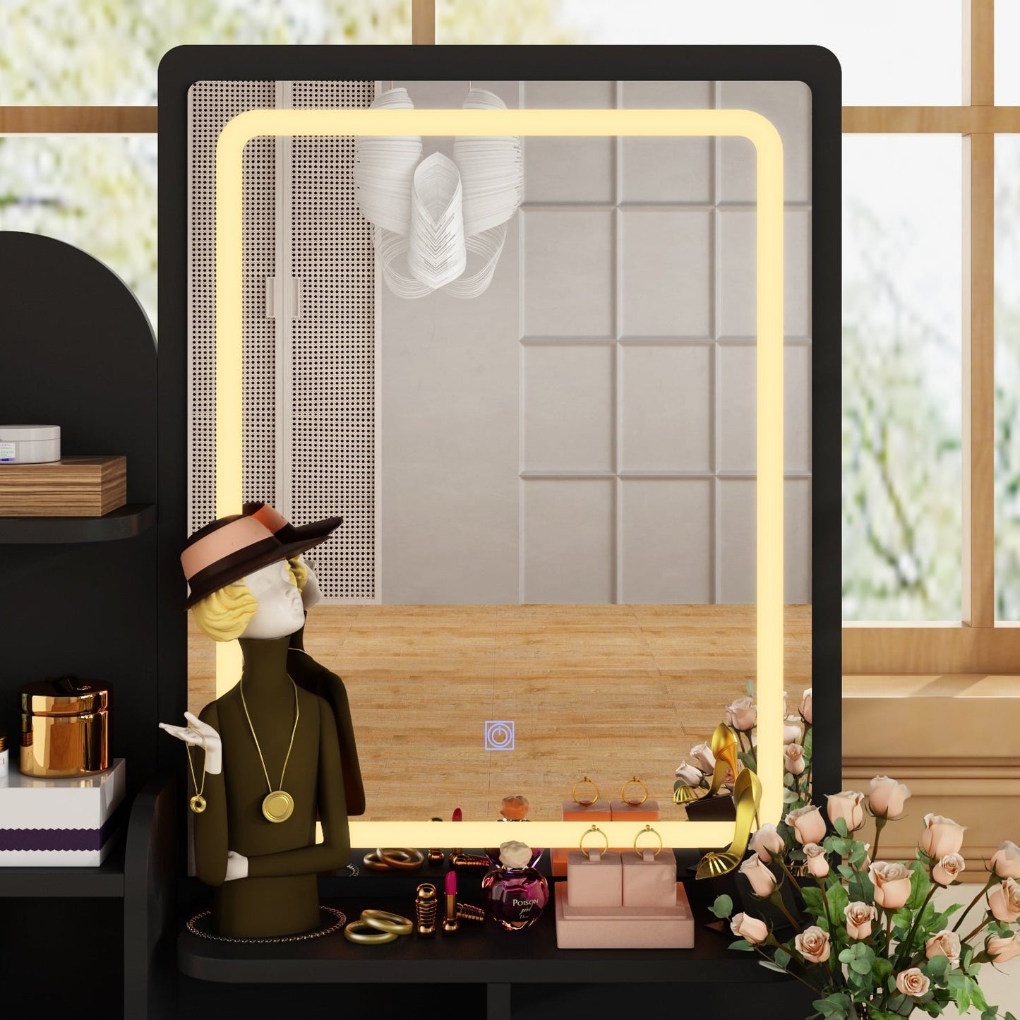 Ensemble de coiffeuse avec miroir et lampe, coiffeuse de maquillage avec tabouret