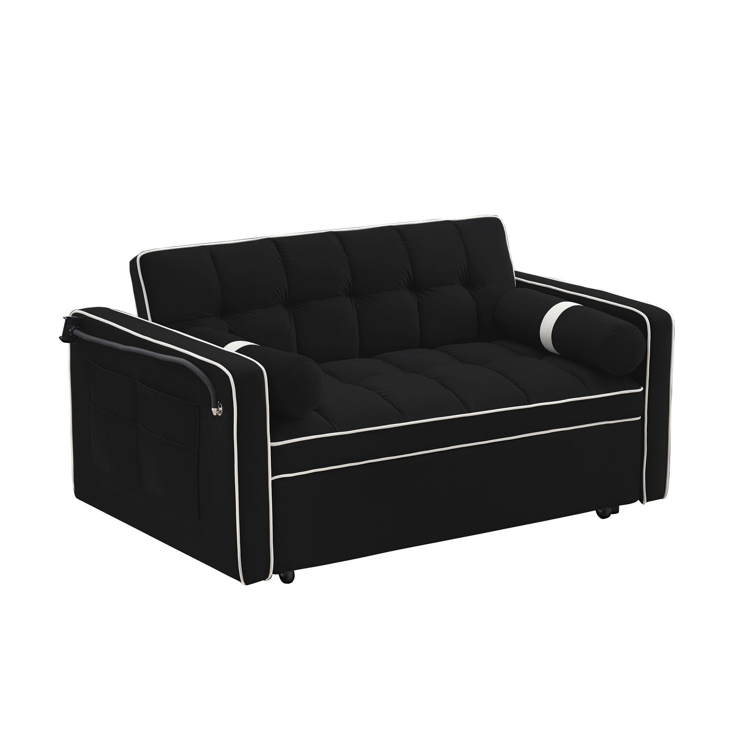 Velvet Convertible 55'' 2-Seater Sleeper Sofa with Pull-Out Bed, Adjustable Recline, Side Pockets, and Phone Holder