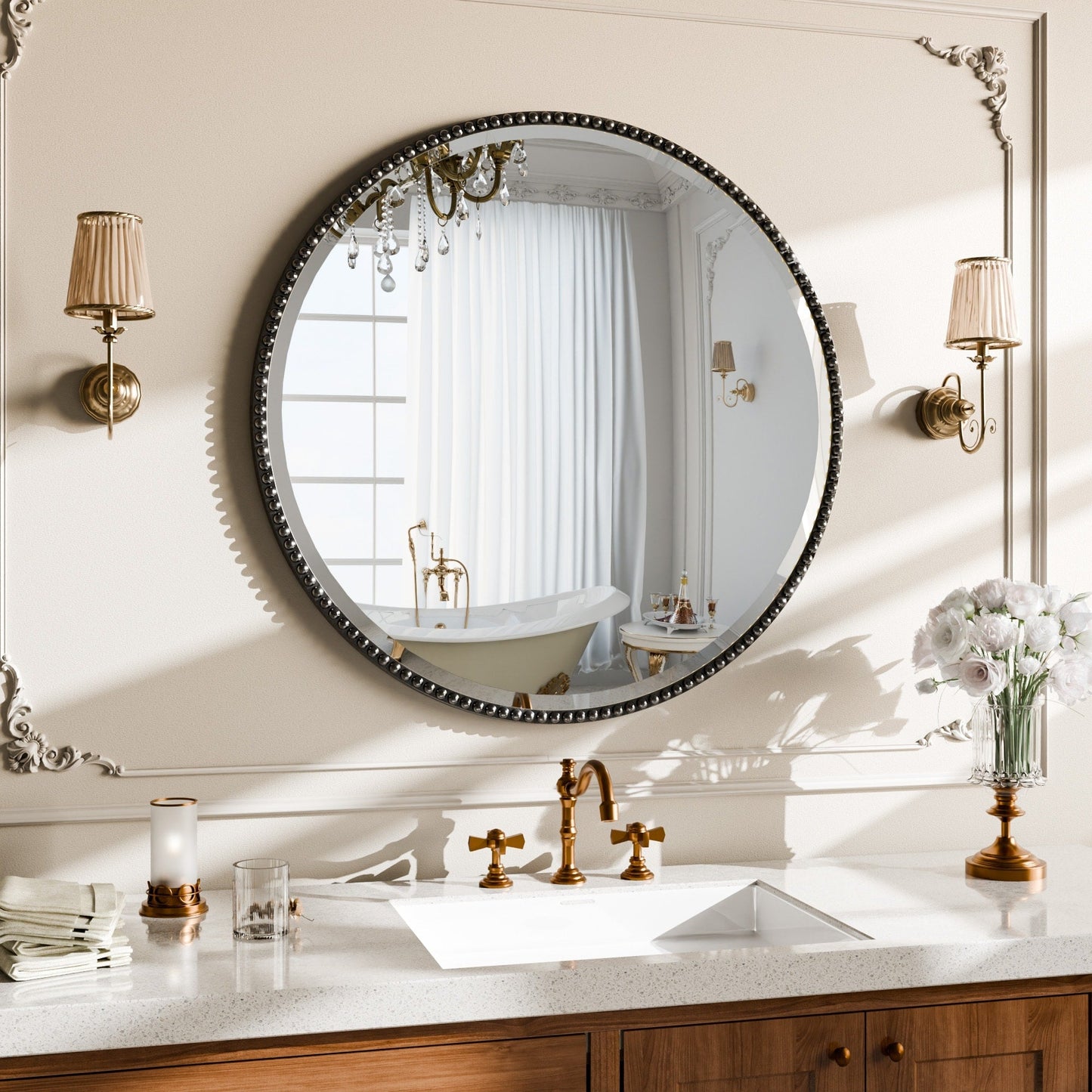 Vintage Round Bathroom Mirror with Beaded Frame