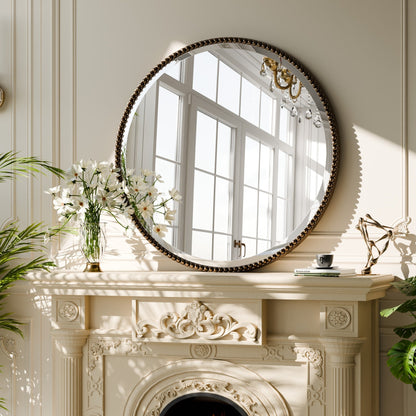 Vintage Round Bathroom Mirror with Beaded Frame