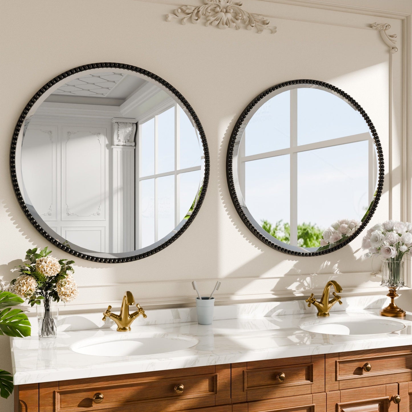 Vintage Round Bathroom Mirror with Beaded Frame