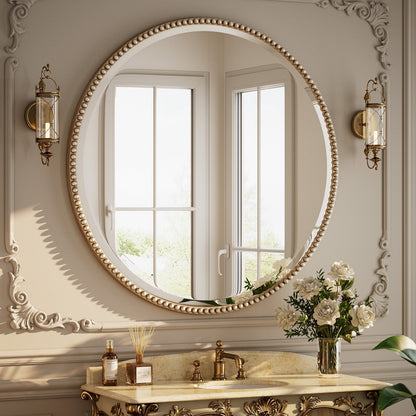 Vintage Round Bathroom Mirror with Beaded Frame