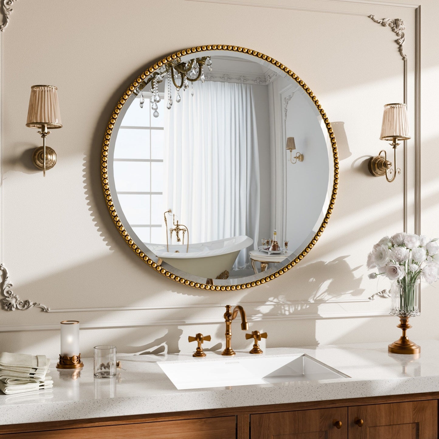 Vintage Round Bathroom Mirror with Beaded Frame