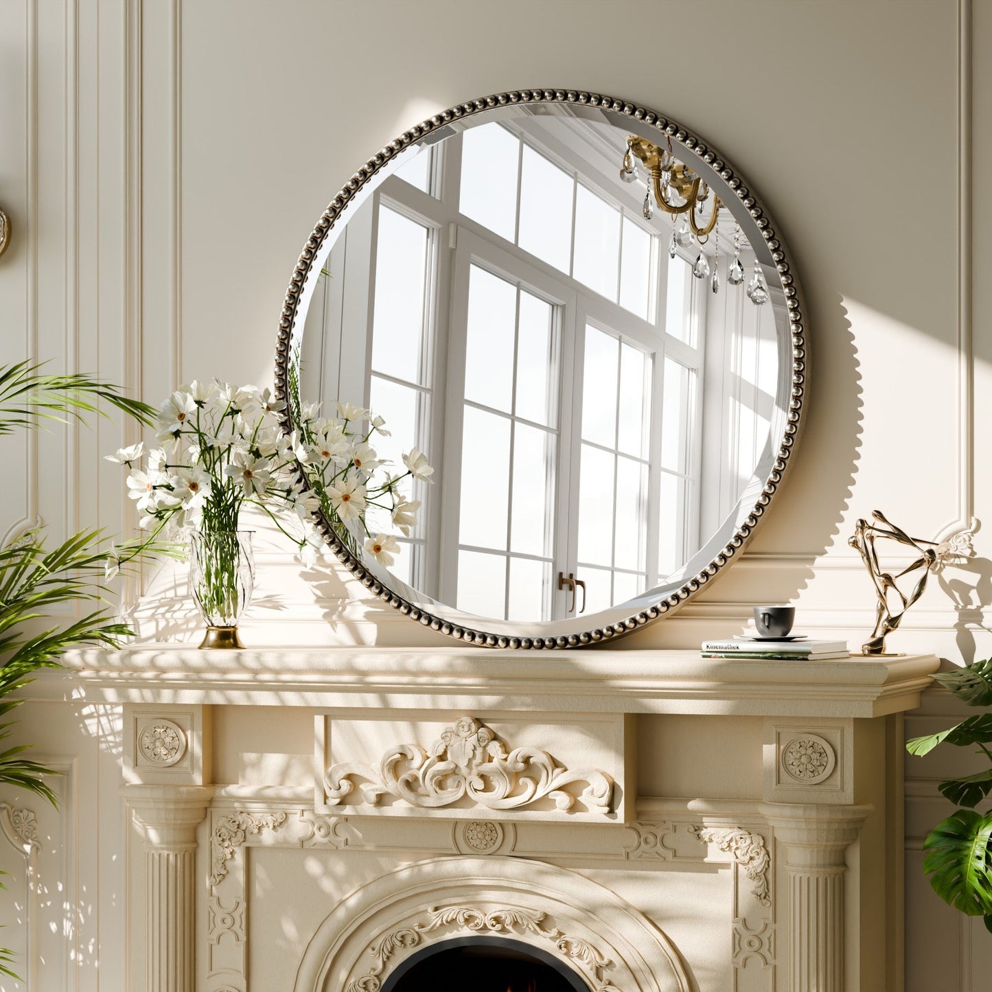 Vintage Round Bathroom Mirror with Beaded Frame