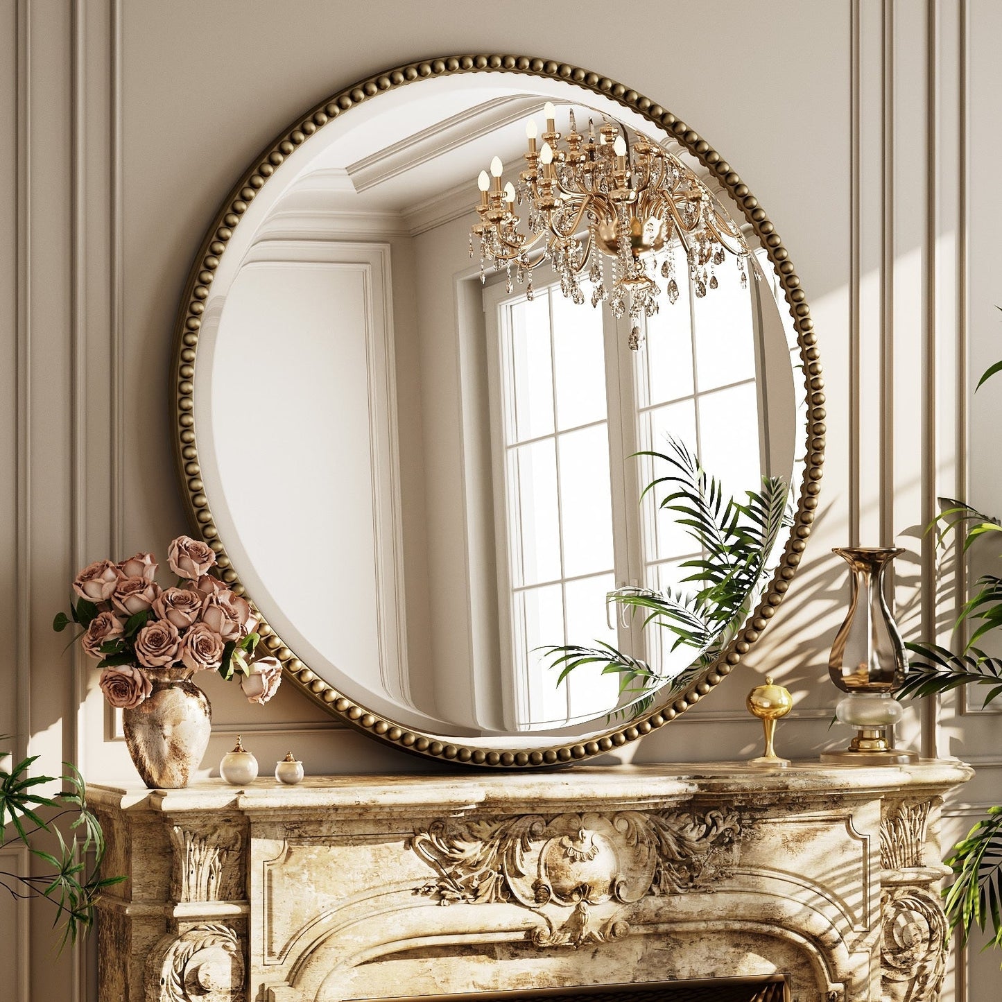 Vintage Round Bathroom Mirror with Beaded Frame