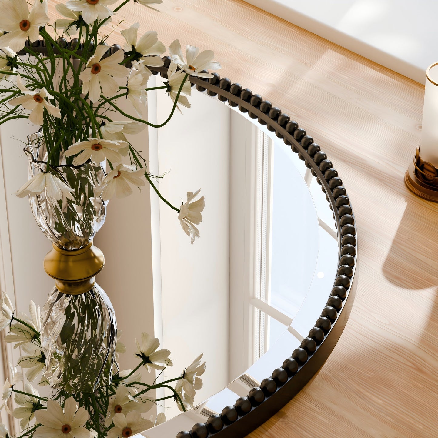 Vintage Round Bathroom Mirror with Beaded Frame