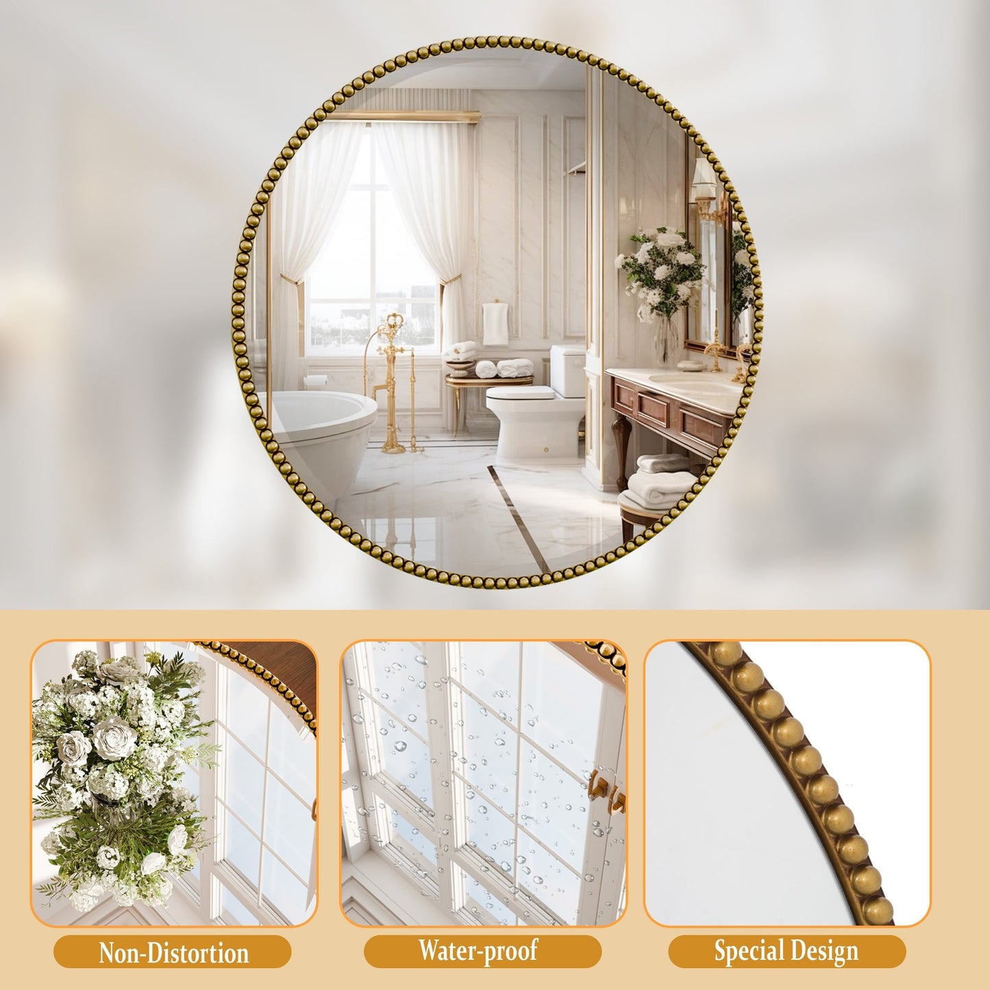 Vintage Round Bathroom Mirror with Beaded Frame