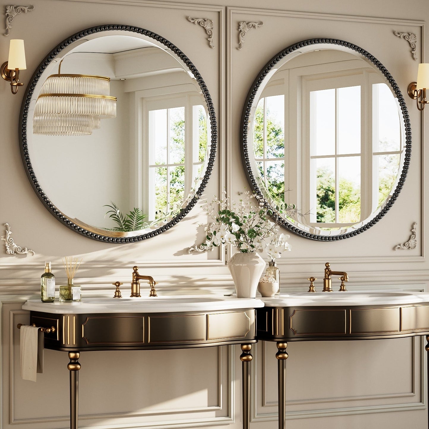 Vintage Round Bathroom Mirror with Beaded Frame