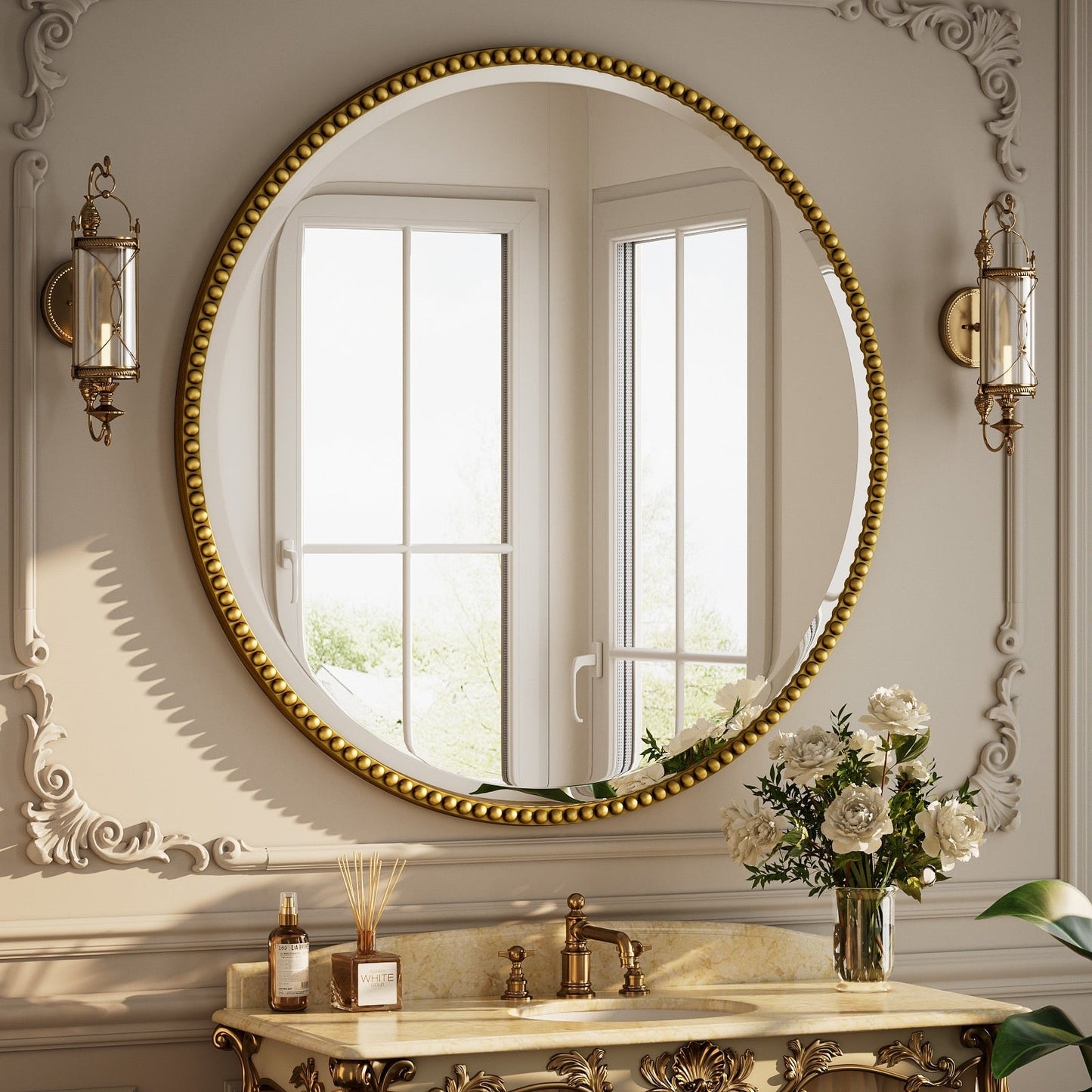 Vintage Round Bathroom Mirror with Beaded Frame