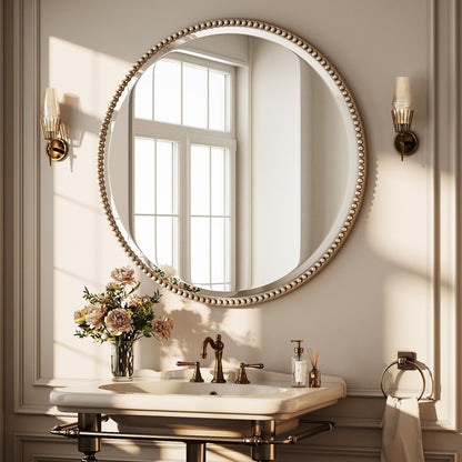 Vintage Round Bathroom Mirror with Beaded Frame