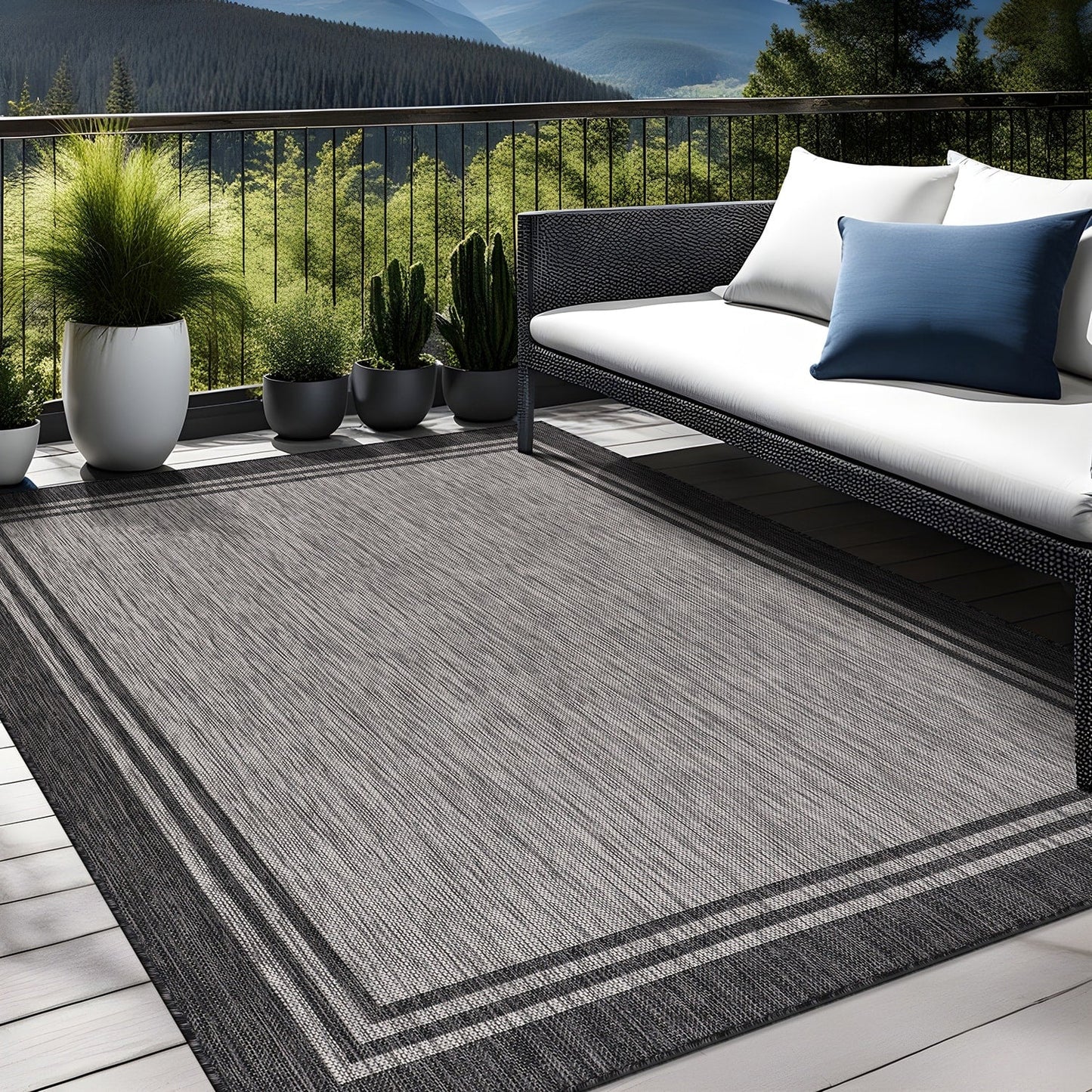 Washable Bordered Indoor Outdoor Rug for Patio, Deck, Porch
