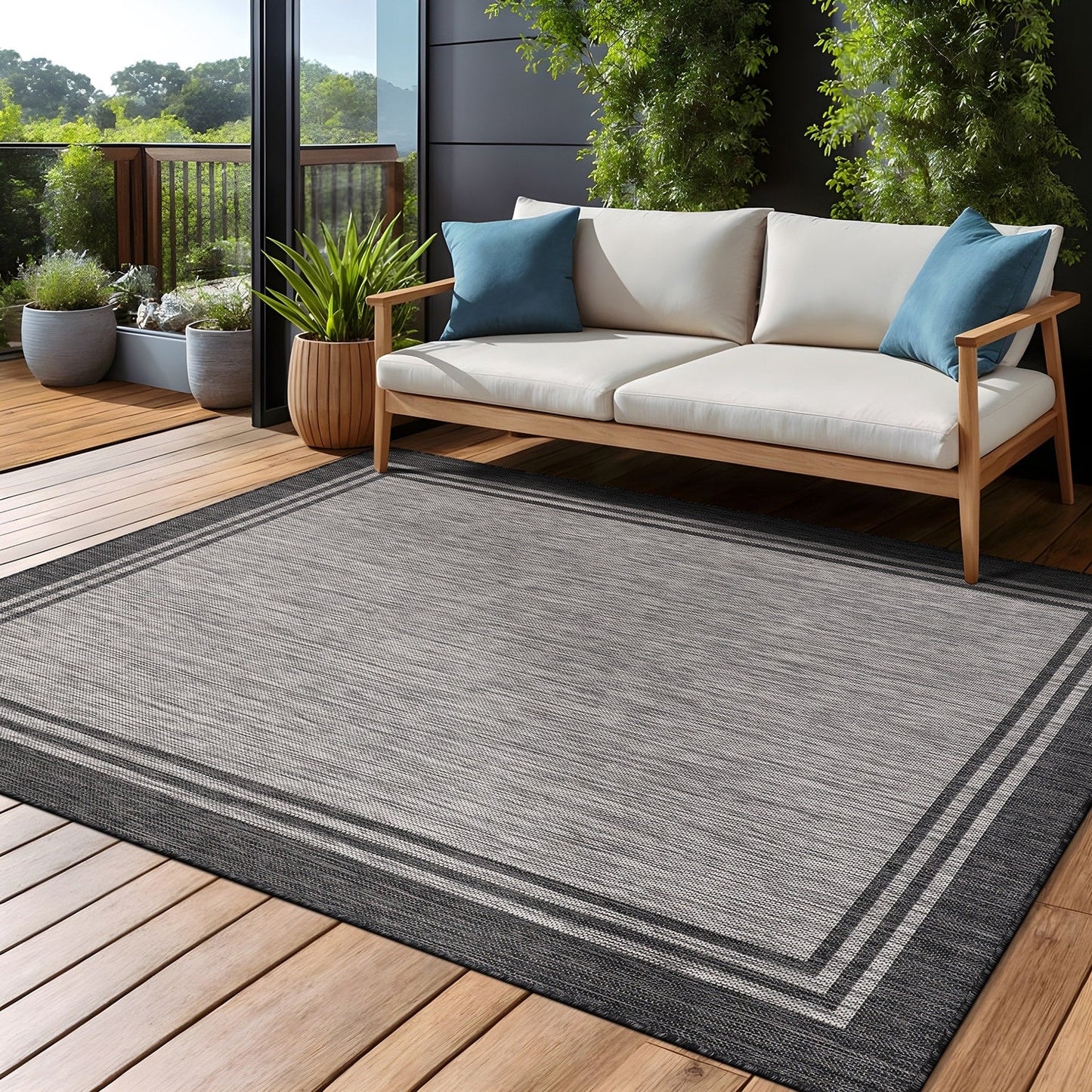 Washable Bordered Indoor Outdoor Rug for Patio, Deck, Porch