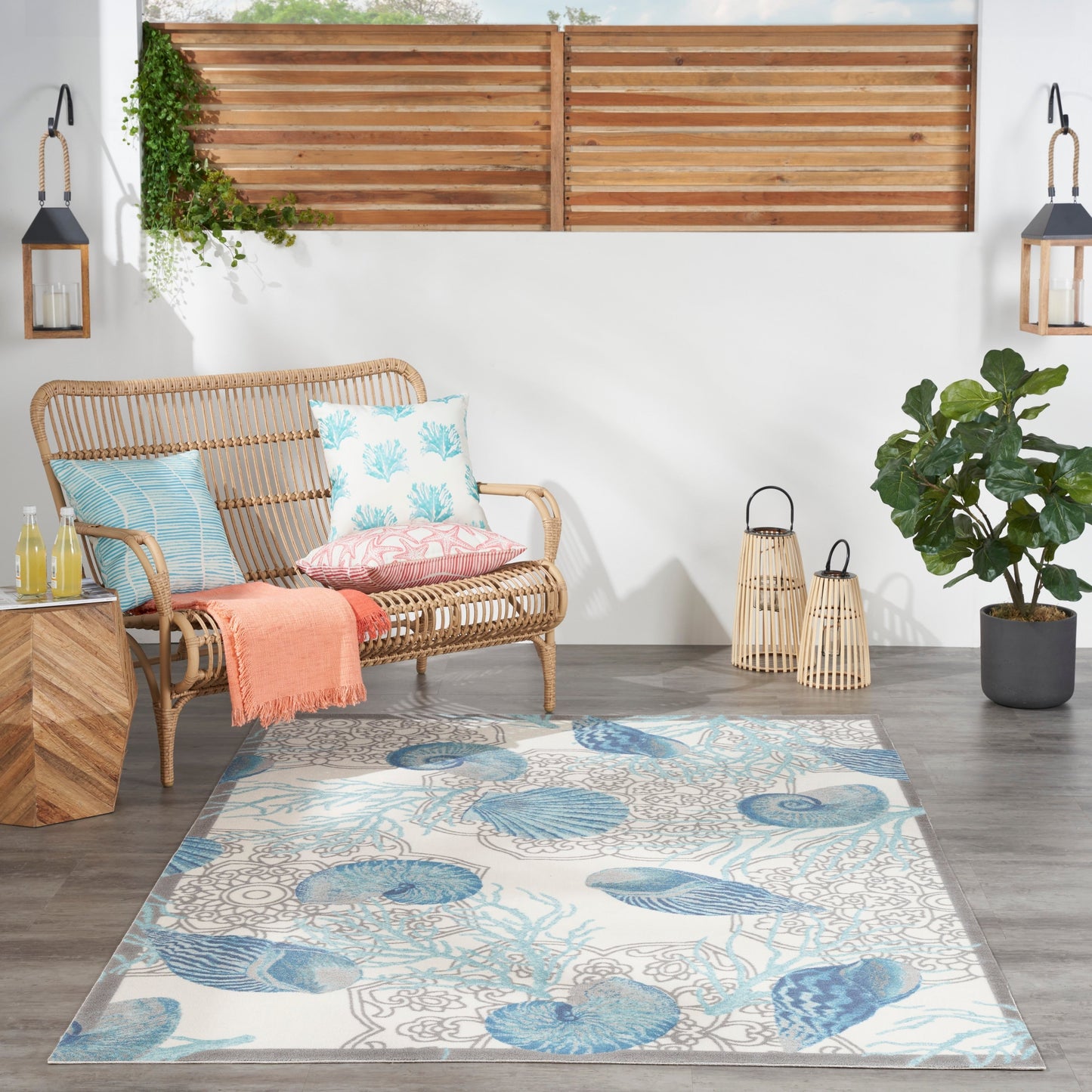 Waverly Sun & Shade Shore Thing Tropical Sea Shell Floral Indoor Outdoor Area Rug