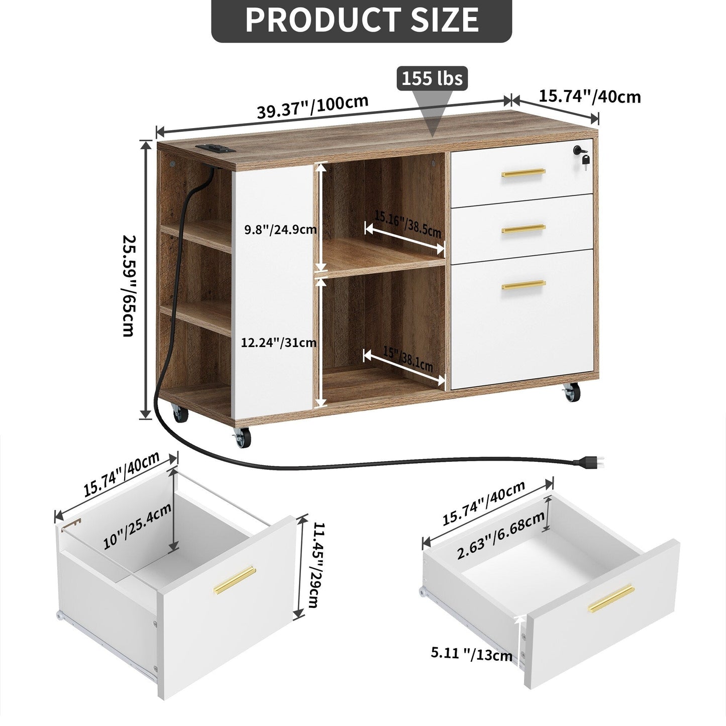 Classeur latéral mobile en bois avec station de charge verrouillable, compatible avec les dossiers de format A4, Lettre et Légal