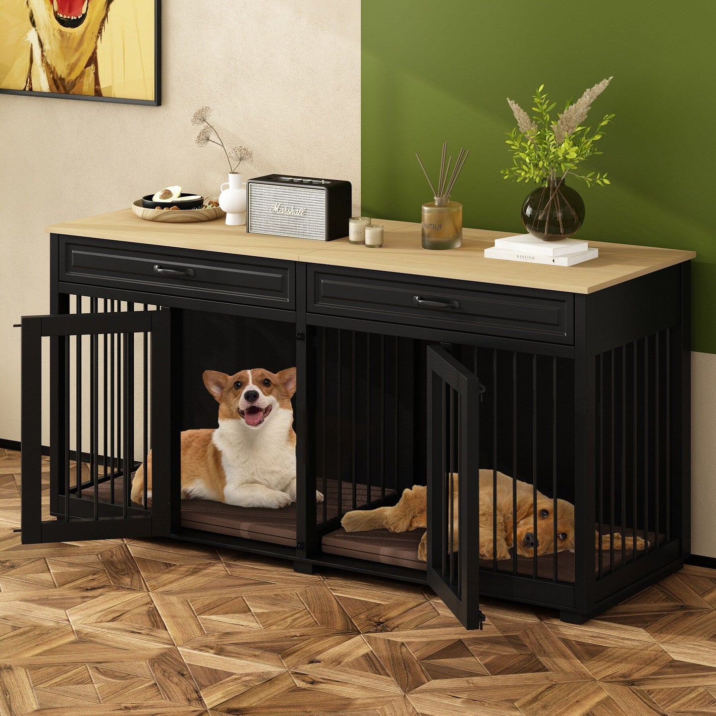 Cage double en bois pour chien avec 2 tiroirs et séparateur