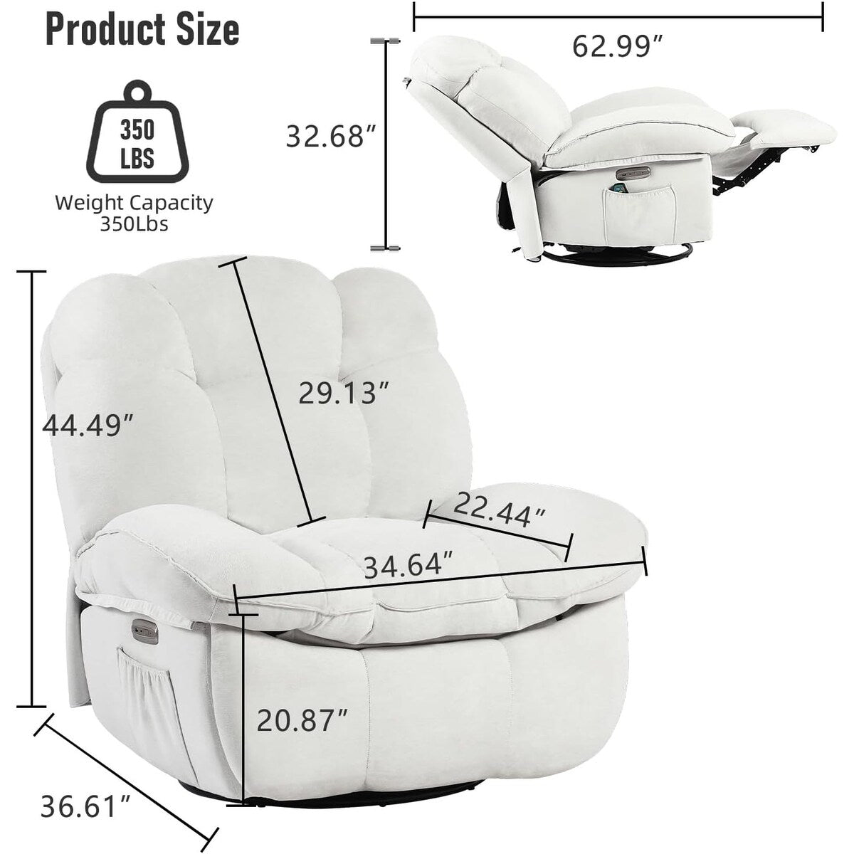 XINMICS Swivel Power Recliner Chair, Massage Rocker Recliners with Heated ,USB, USB-C and Side Pocket